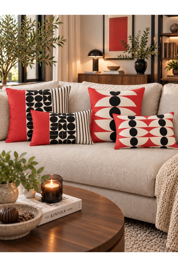Modern Geometric Patterned Throw Pillow Cover Set – Red Black Ecru - Double-Sided Decorative 4-Piece Throw Pillow Set - 43X43 & 30X50 cm