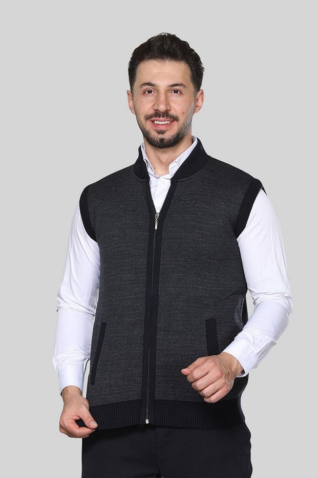 Navy Blue Men's Knitwear Knitted Acrylic Winter Thick Textured Zippered Dad Vest for Middle Age and Above
