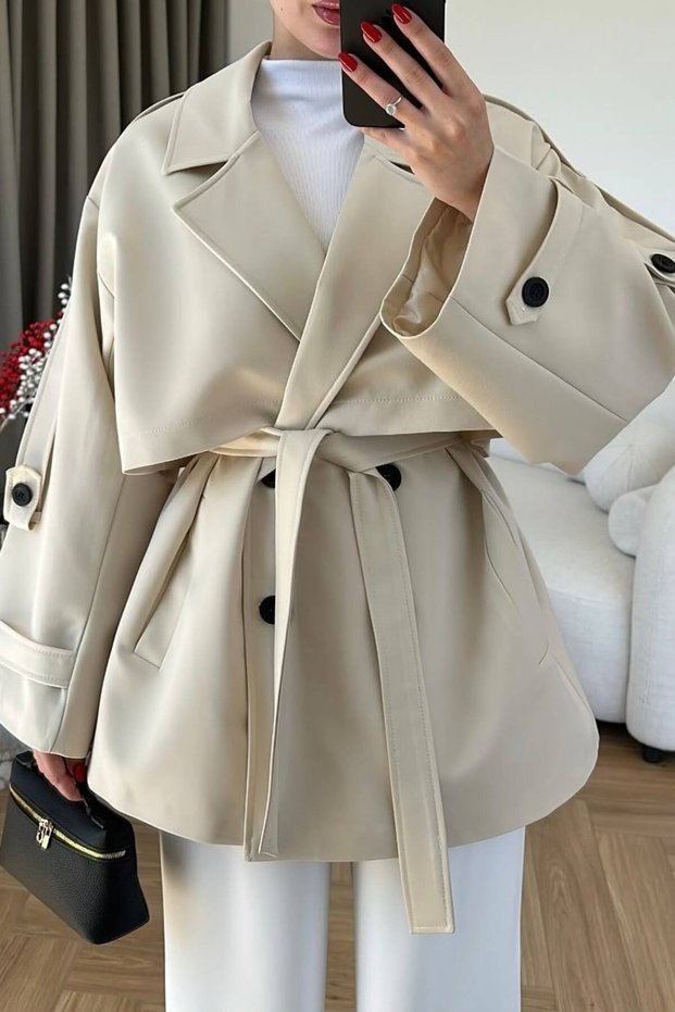 Stone Beige Belted Oversize Standard Size Short Trench 9580