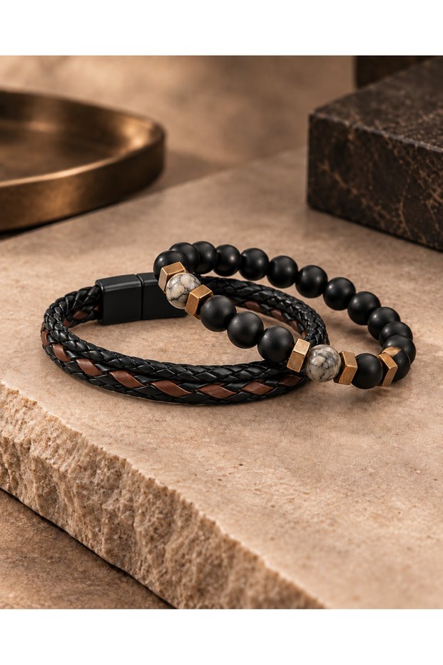 Jasper & Onyx Natural Stone and Coffee-Black Leather Men's Bracelet Set