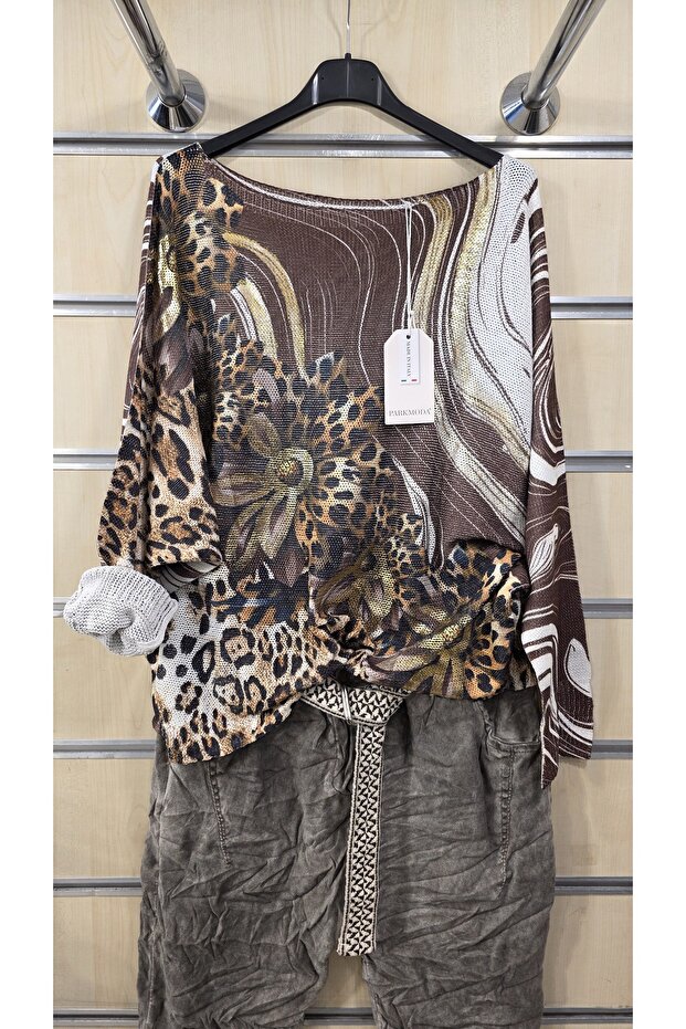 Italian Mercerized Blouse with Gilded Leopard Pattern