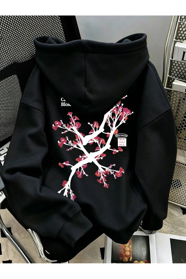 Women's Oversized Black Floral Print Hooded Sweatshirt