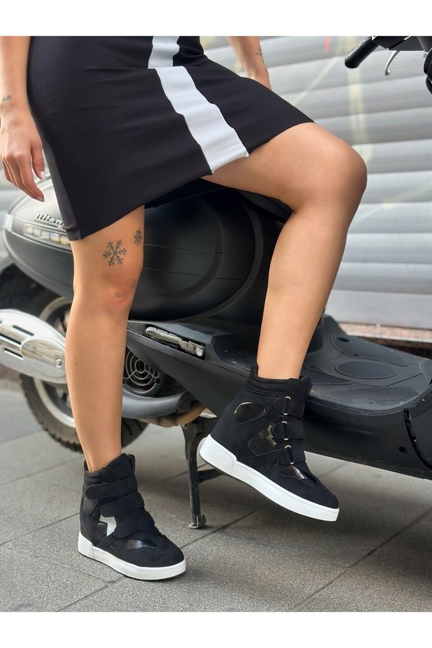 Black Suede (İsabe) Hidden Heel Padded Heel 7 cm Height Increasing Sneakers