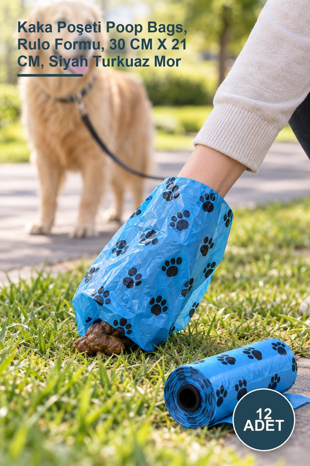 12 Pieces of Dog Poop Bags – Poop Bags, Roll Form, 30 cm X 21 Cm, Black Turquoise Purple