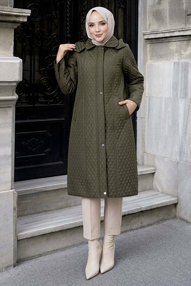 110 cm Quilted Coat with Detachable Hood Khaki Hnt2805