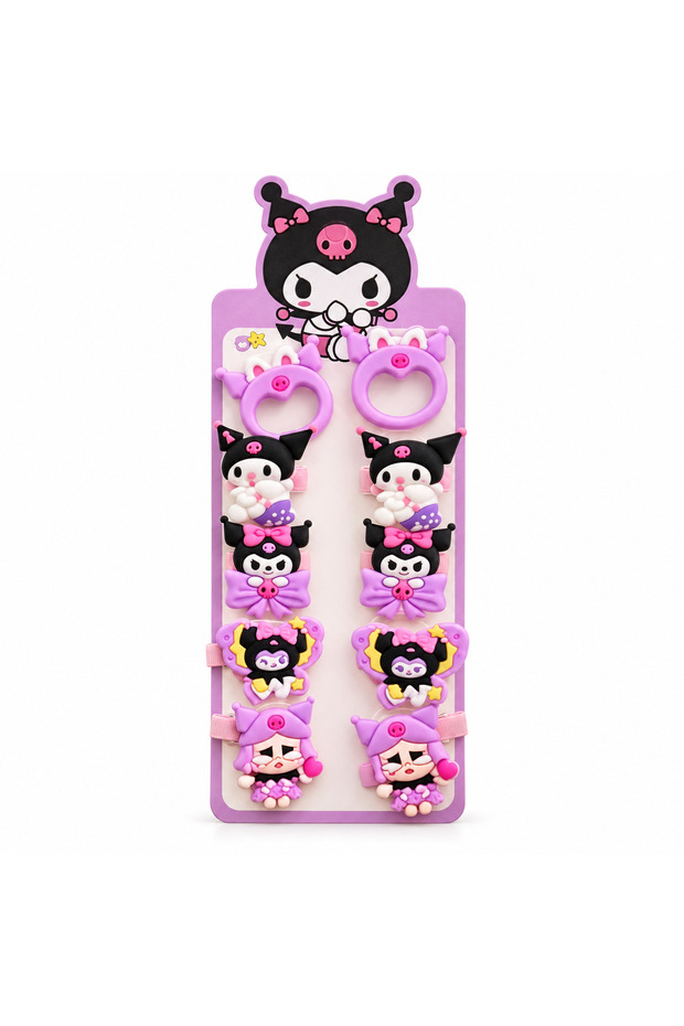 Set of 10 Kuromi Themed Children's Hair Clips – 4 Rubber Bands and 6 Hair Clips