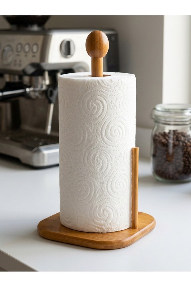 Bamboo Paper Towel Holder Square Base Countertop Roll Towel Stand 31 cm
