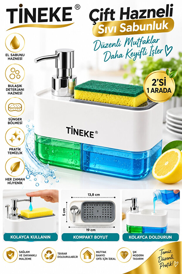 Dual Chamber Liquid Soap Dispenser and Automatic Detergent Dispenser – Hand and Dish Soap Set with Sponge, Kitchen & Bathroom