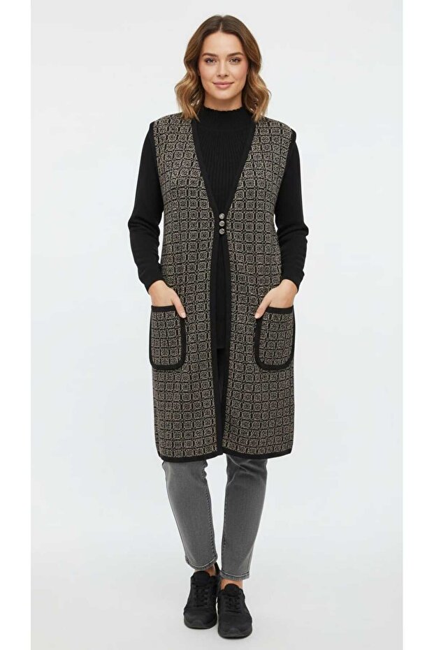 Women's Middle-Aged and Older Women's Long Thick Winter Vest with Three Button Pockets on the Front