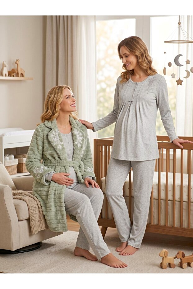 New Season Green Shawl Collar Winter Plush Long Sleeve Design with Nursing Feature Maternity Pajama Set