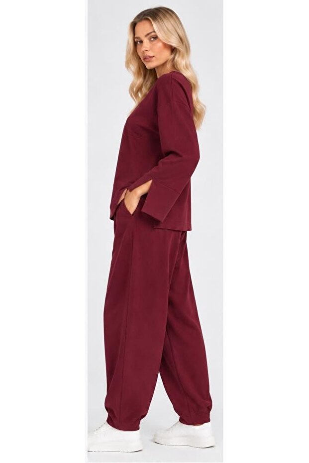 Textured Modal Crew Neck Set with Slit Details