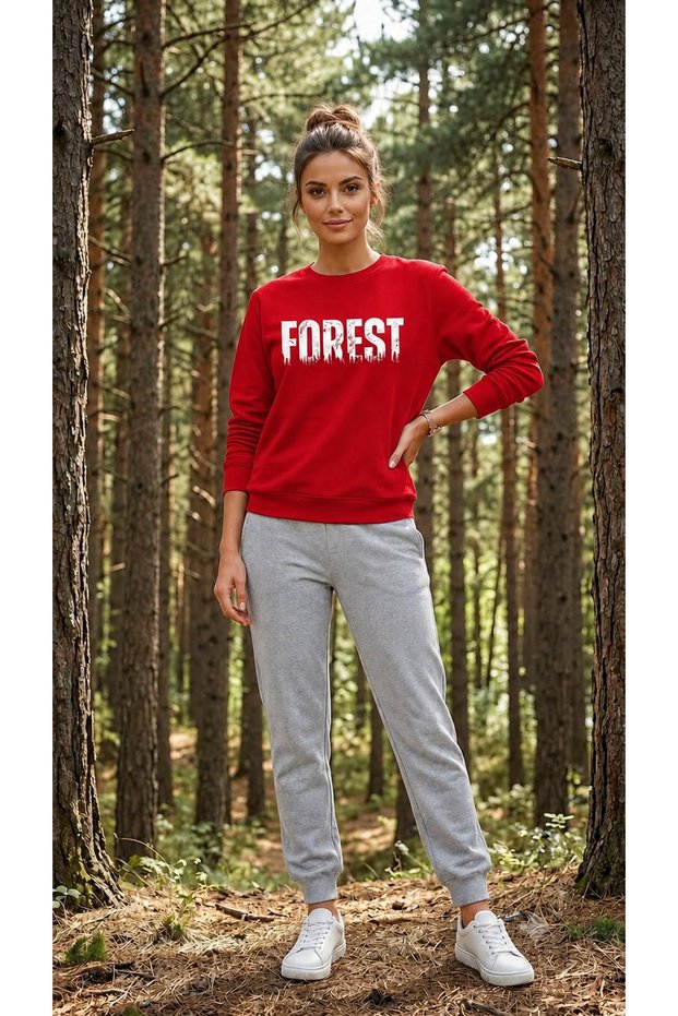 Zero Collar Sweat Suit 2-Piece Combination Winter Shardoon Forest Printed Women's / Men's Unisez Model