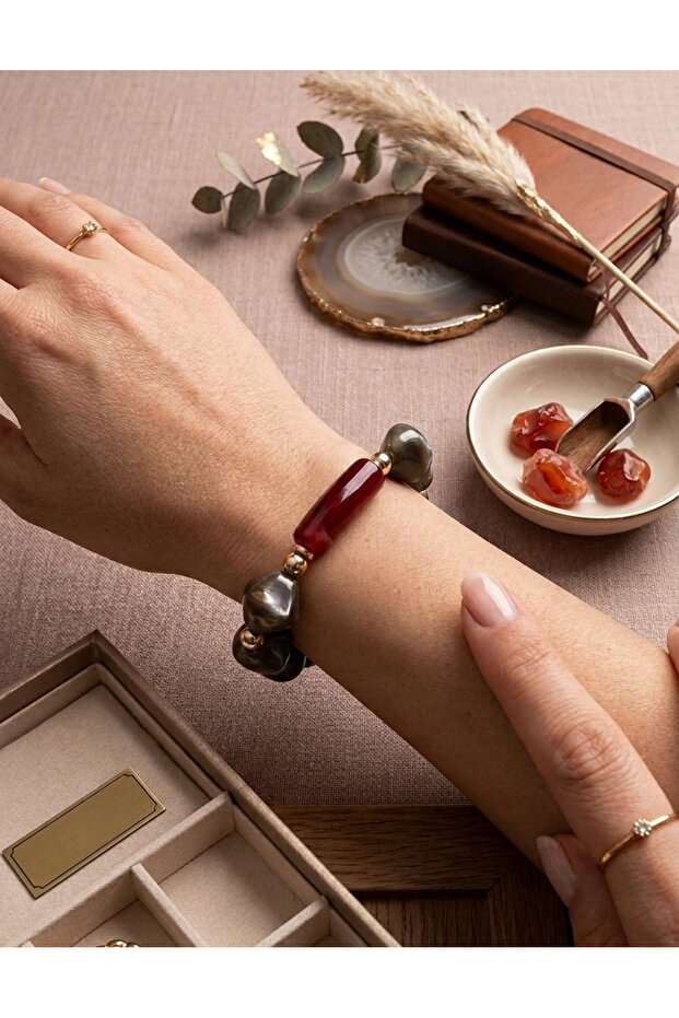 Women's Black Gray Patterned and Red Pipe Stone Detailed Gold Color Spaced Bracelet