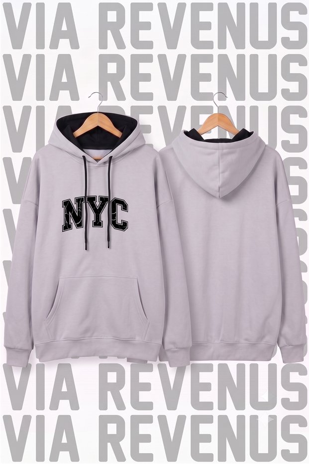 Nyc Printed Wide Fit Hoodie - 3 Thread Fleece Hood Lining with Rope Detail
