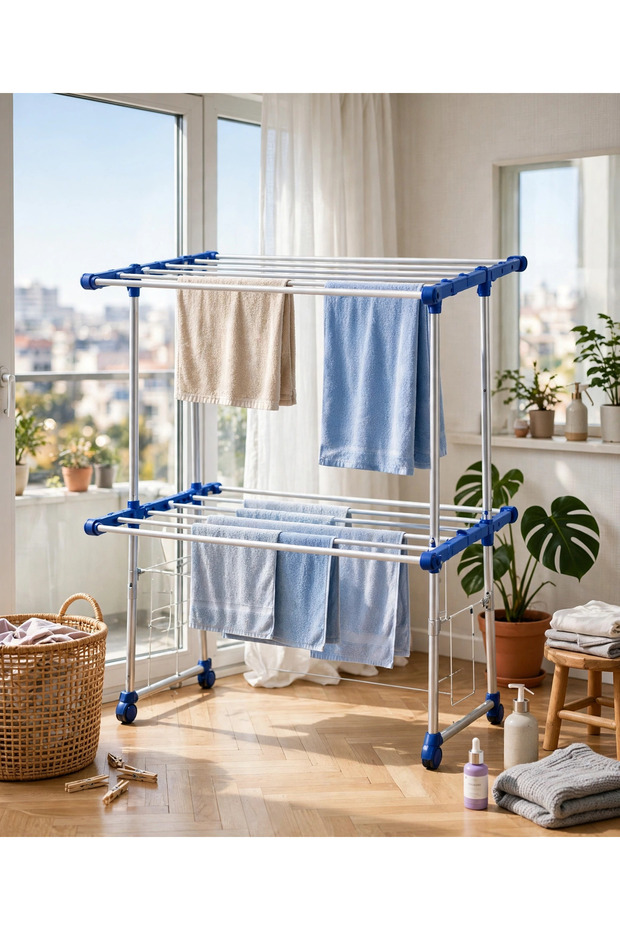 2-Tier Clothes Drying Rack with Wheels - Foldable Double Layer Laundry Rack - Stainless Steel Heavy Duty Movable Towel Drying Stand with Side Hooks - Large Capacity for Home and Balcony