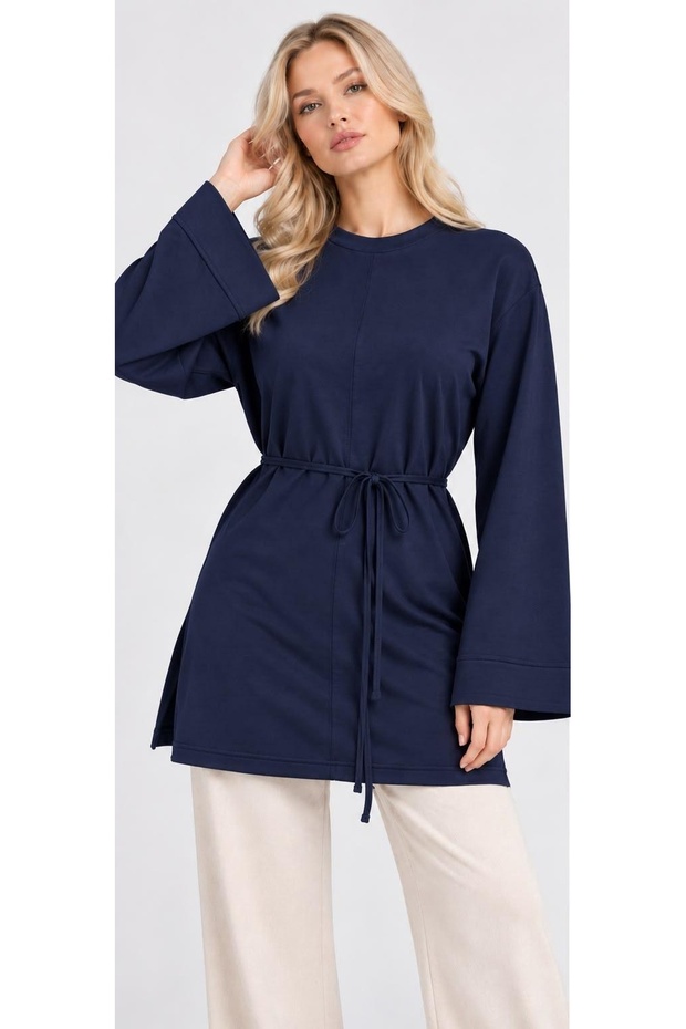 Textured Modal Tunic with Crew Neck and Waist Tie Detail