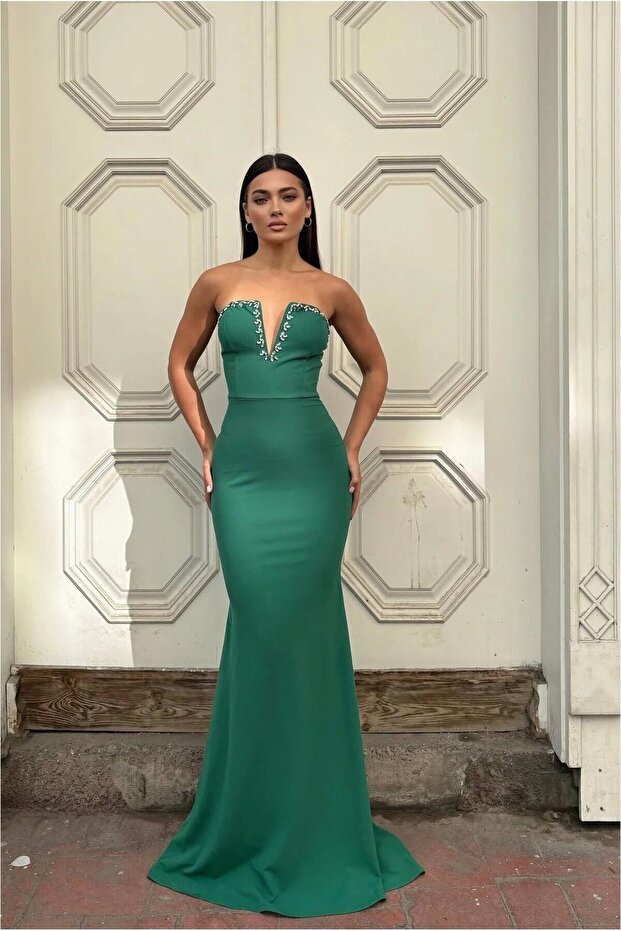Crepe V Fish Evening Dress Fabric Dress Collar Cut