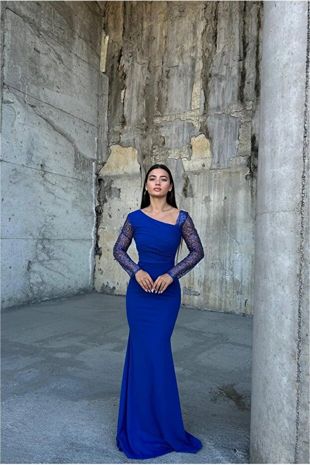 Asymmetrical Maxi Detailed Evening Dress Stone Dress Collar