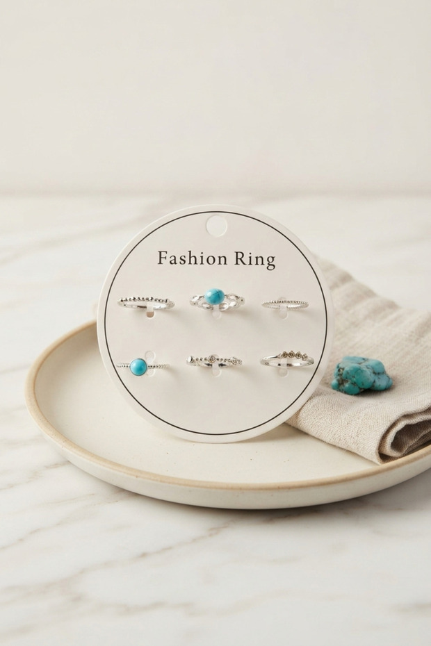 6Pcs Silver Brass Blue Stone Cz Ring Set for Elegant Fingers
