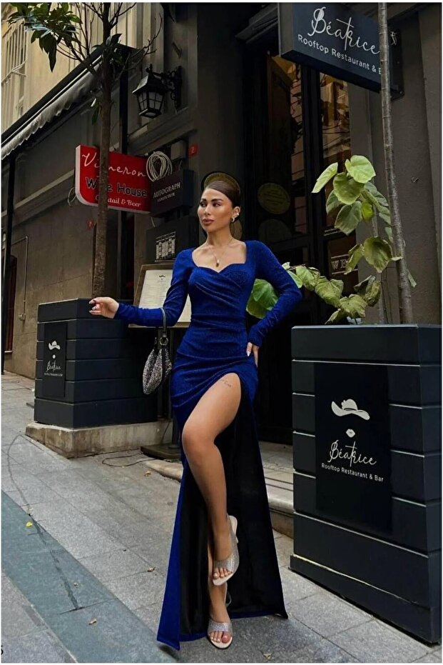 Heart Slit Evening Dress with Collar and Long Sleeves