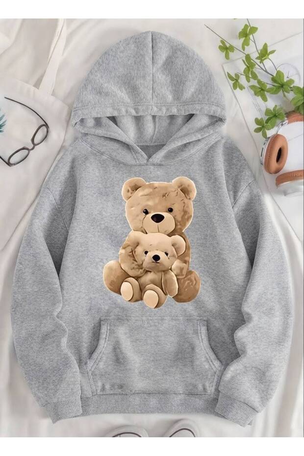 Women's Bear and Cub Printed Hooded Sweatshirt