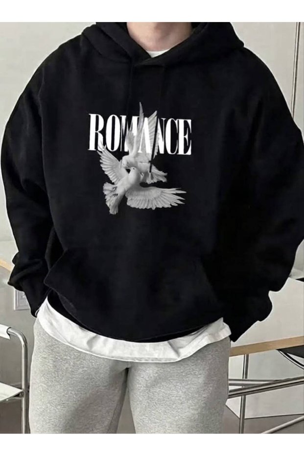 Unisex Romance Bird Printed Hooded Sweatshirt