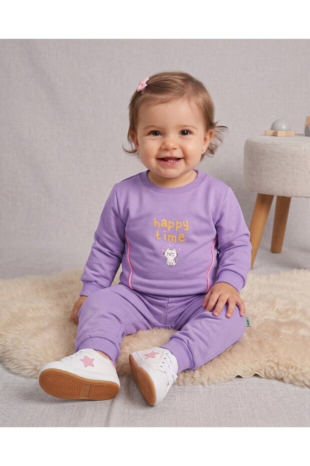 Girl's Seasonal 1-2-3-4 Year Old Cat Printed 2 Threaded Top and Bottom 2-Piece Compact Set