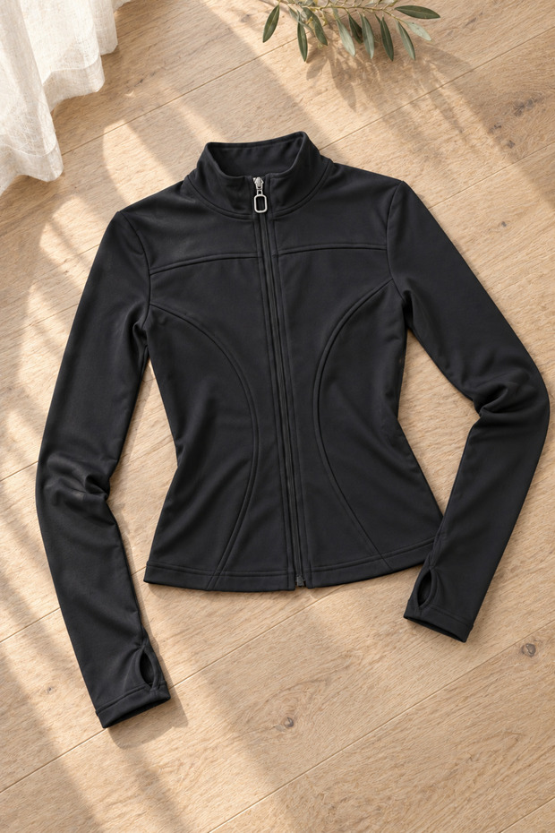 Women's Stand Collar Zippered Finger-Loop Scuba Fabric Slim Fit Sports Jacket