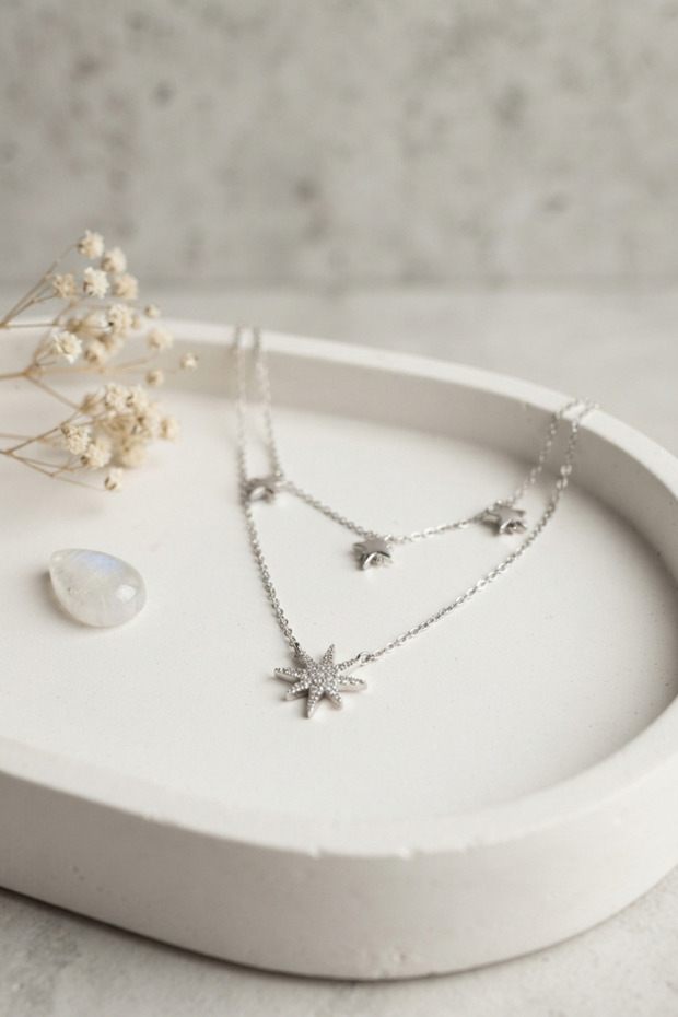 Polar Star Double Women's Necklace with Silver Brass Zircon for Elegant Necks