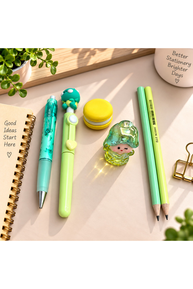 1 Serve Deep Tip Pen, 1 Highlighter, 1 Macaron Eraser, 1 Pencil Sharpener, 2 Pencils