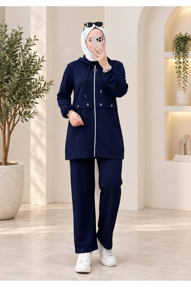 Boydan Zippered Hooded Oysho Fabric Tunic Double Set