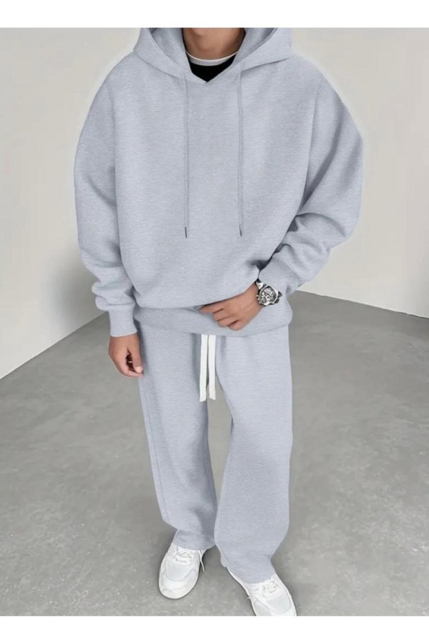 Hooded Solid Color 3-Thread Shardooned 100% Cotton Plus Size Winter Flat-Leg Men's Track Suit