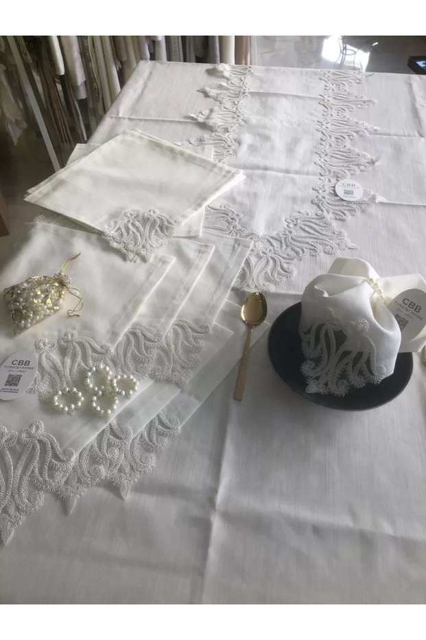 Tableware Set 155X220 cm Table Set Linen Lace Decorative Gülse Model Tablecloth Cream