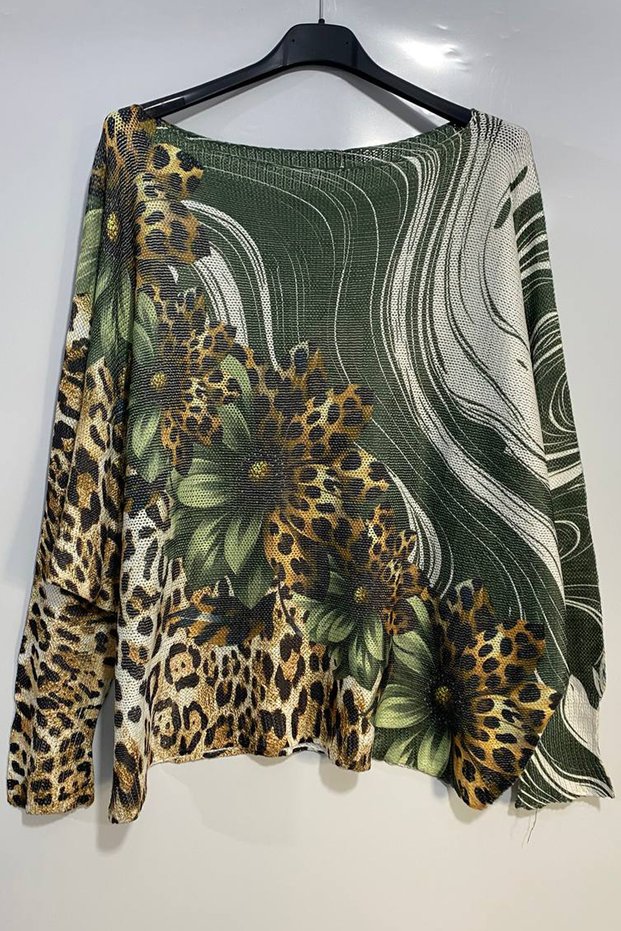 Women's Italian Patterned Printed Long Sleeve Mercerized Blouse Sweater