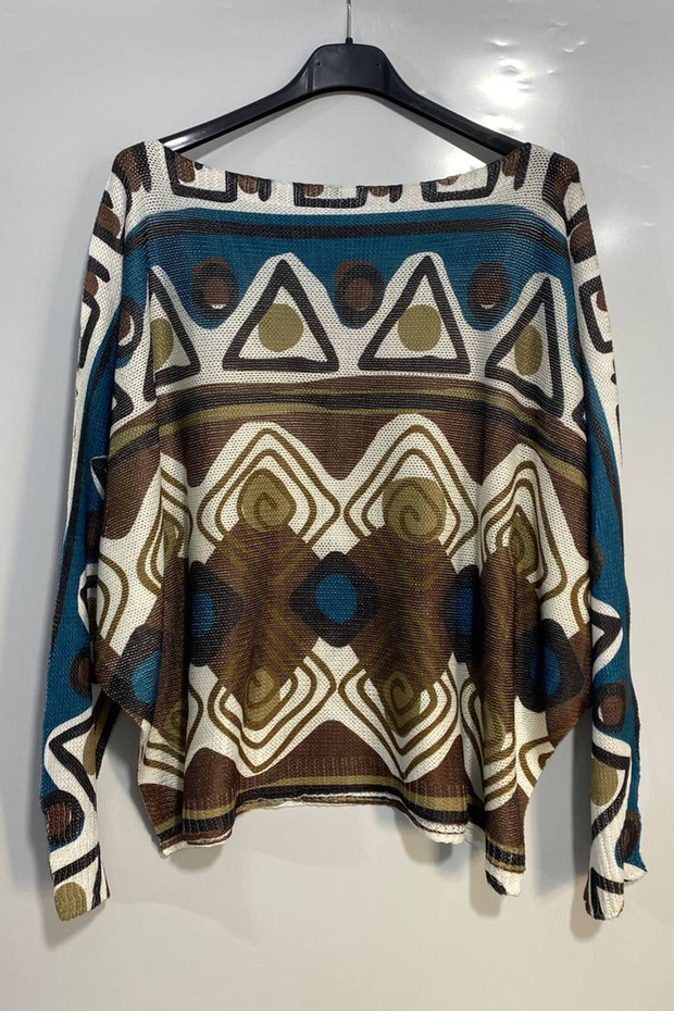 Women's Italian Multi-Colored Patterned Printed Long Sleeve Mercerized Blouse Sweater
