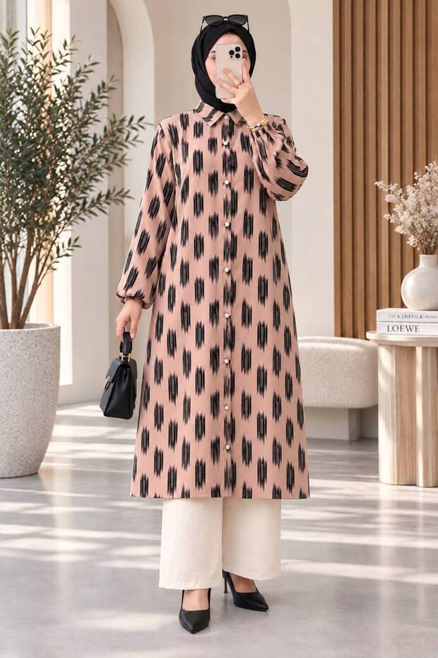 Shirt Collar with Buttons All Over, Oversize Textured Tunic