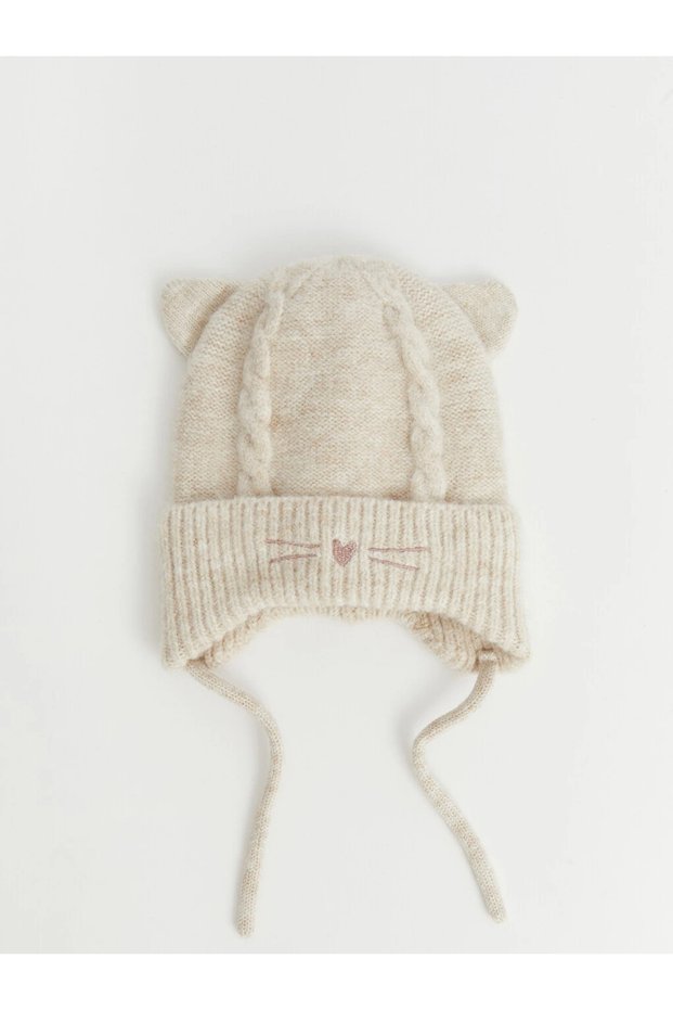 Ecru Cat Figure Embroidered Baby Girl Beanie