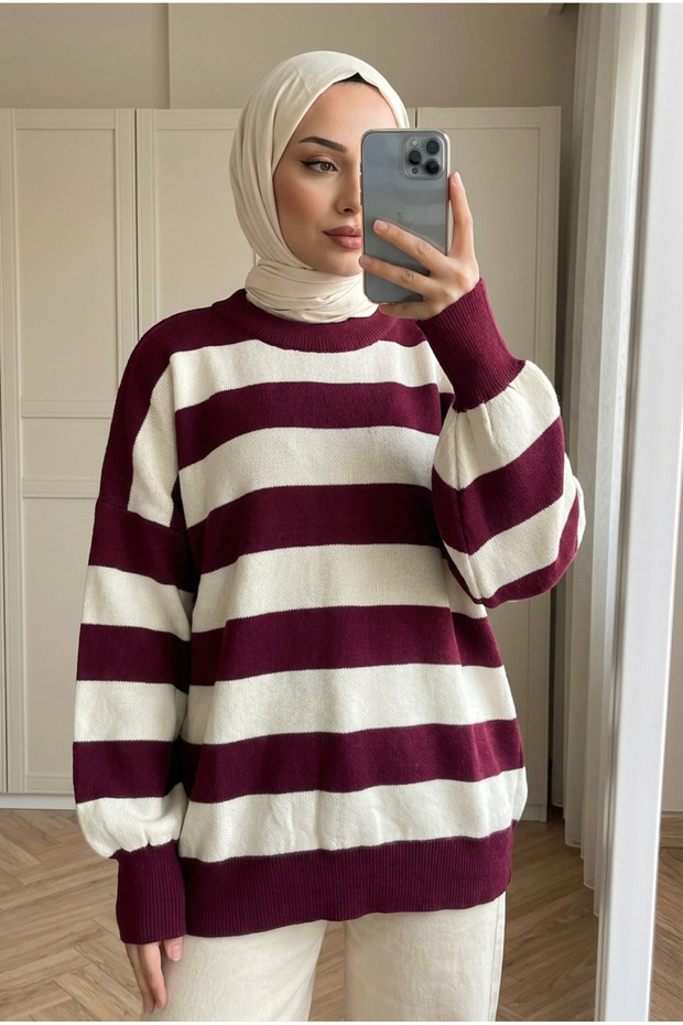 Women's Thick Striped Oversize Balloon Sleeve Crew Neck Knitwear Sweater 70 cm