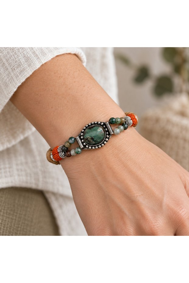 Orange Green Beaded Bracelet – Stylish Daily Accessory with Silver Color Detail