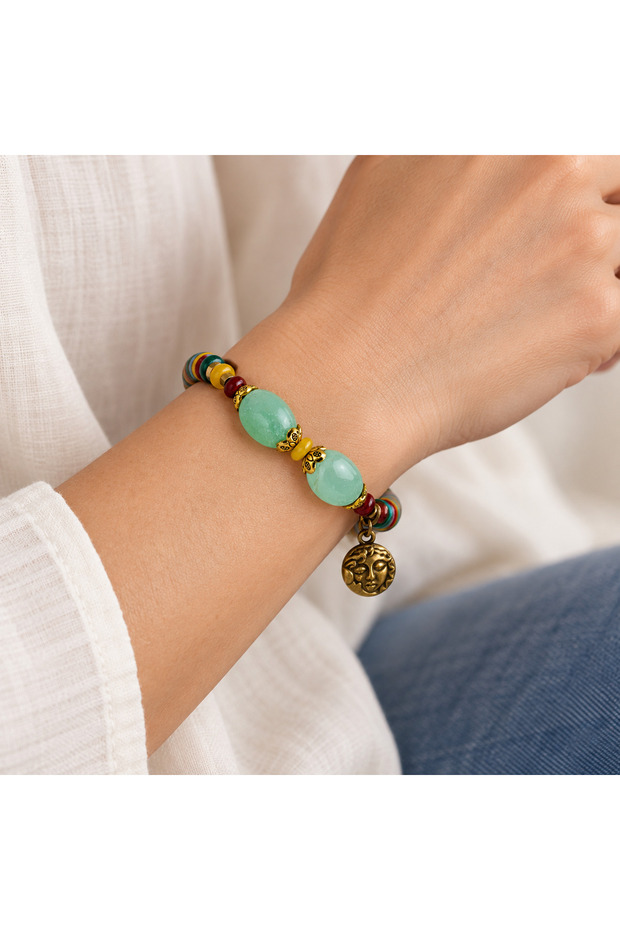 Mint Green Beaded Medallion Figured Bracelet – Stylish Accessory with Gold Detail