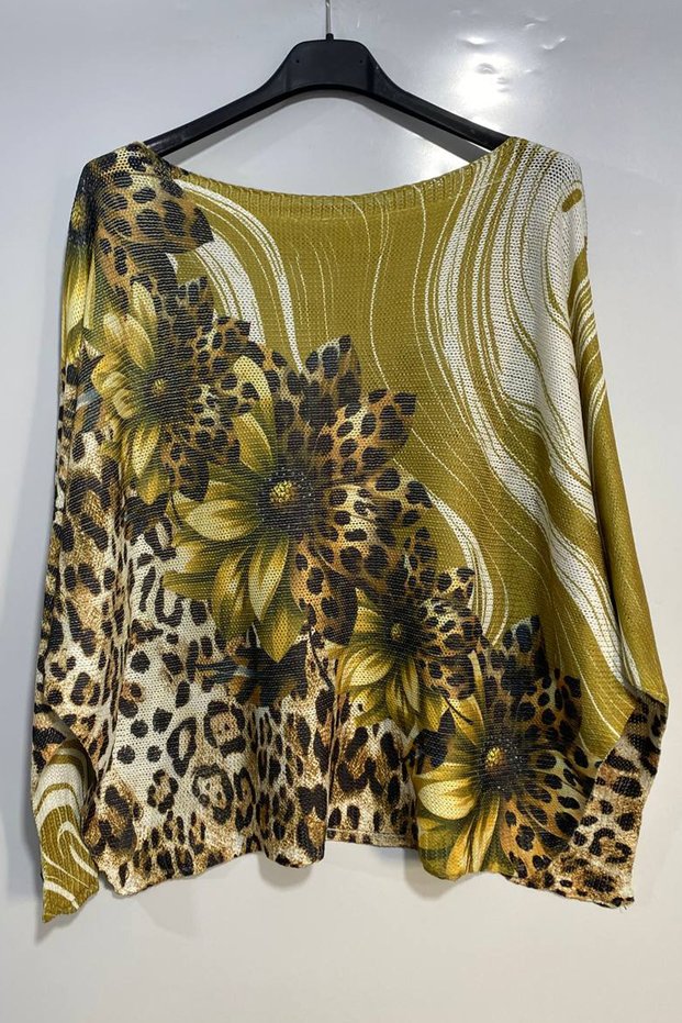 Women's Italian Patterned Printed Long Sleeve Mercerized Blouse Sweater
