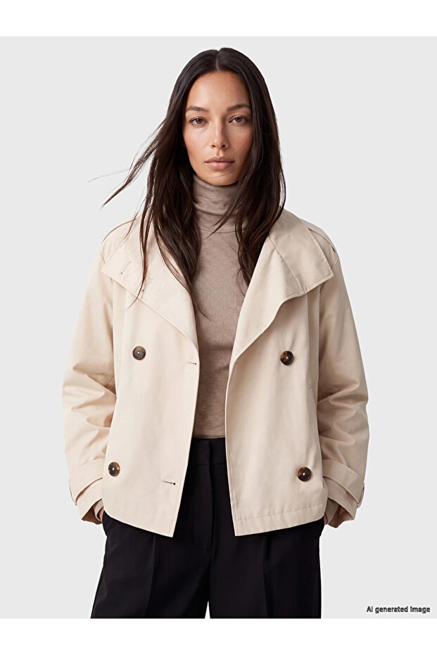 Ecru High Collar Double Breasted Women's Trench Coat