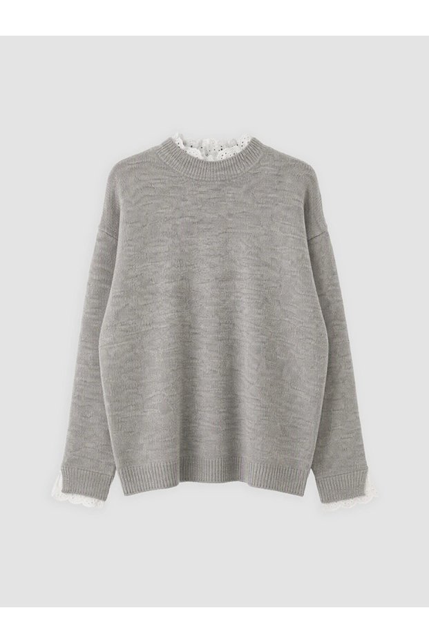Gray Stand Collar Lace Detailed Women's Knitwear Sweater
