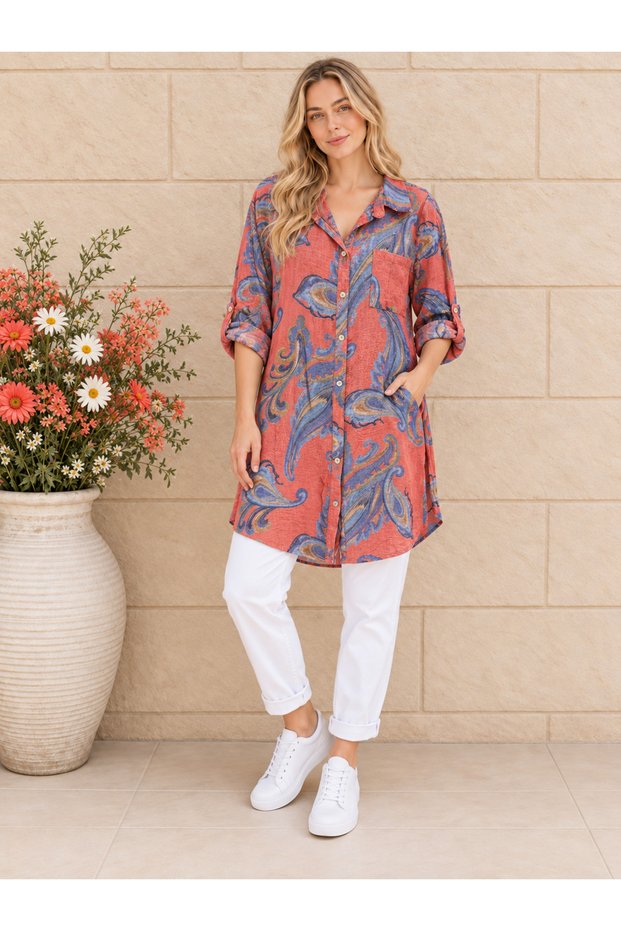 New Season Cotton Ethnic Pattern Italian Women's Shirt Tunic Large Size 44/48