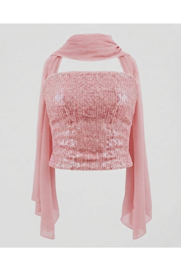 Aurora Sequined Strapless Chiffon Fular Detail Crop Blouse