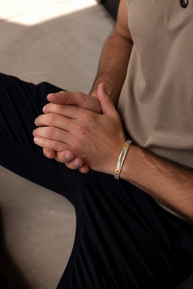 Strata Stainless Steel Men's Bracelet Gold Silver Color Double Tone Heavy Metal Bracelet