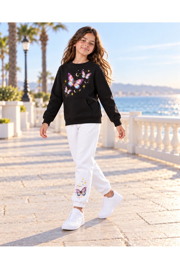 Girl's Butterfly Print Sweatshirt & Sweatpants 2-Piece Set