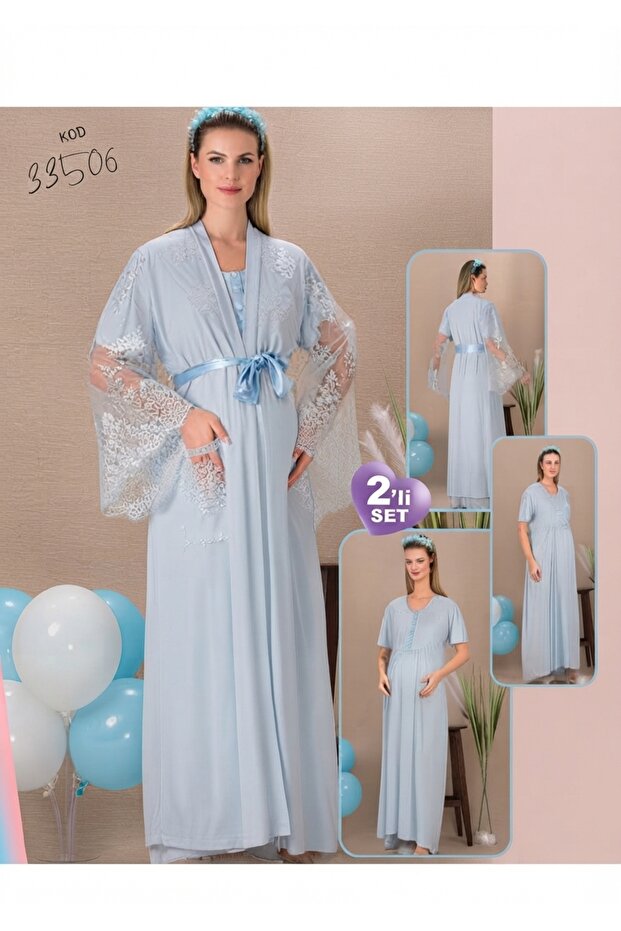 Maternity 2-Piece Lace Detailed Dress - Dressing Gown Set