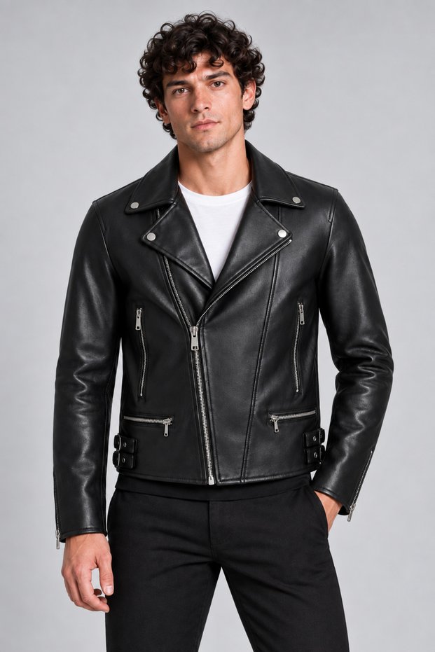 Men's Black Slim Fit Biker Leather Jacket – Cross-Zipper, Multi-Pocket, Belt Buckle