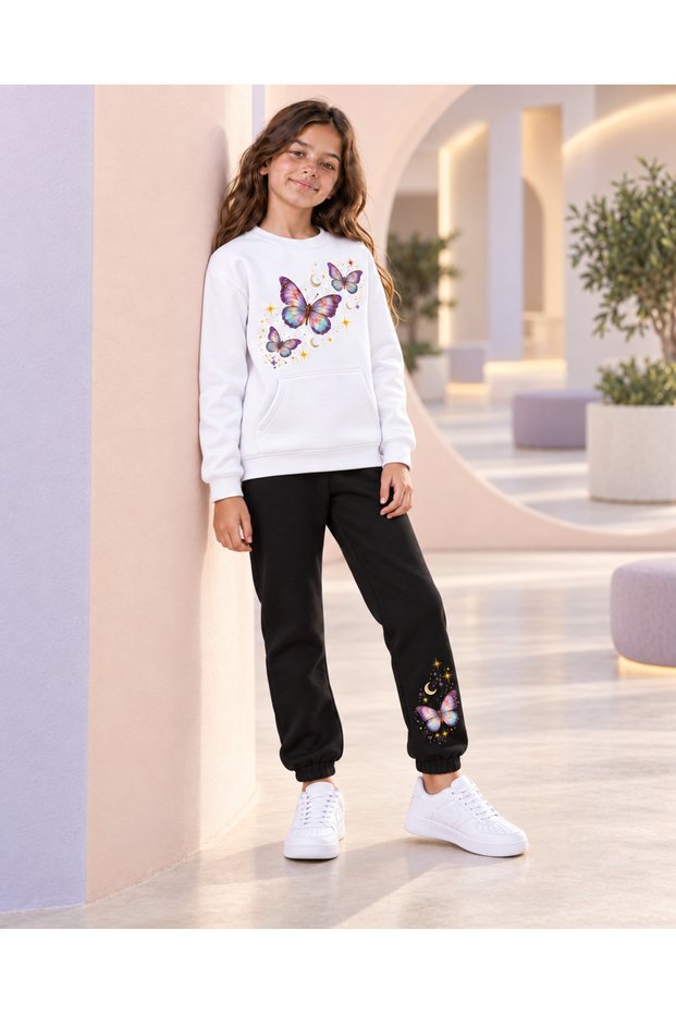 Girl's Butterfly Print Sweatshirt & Sweatpants 2-Piece Set